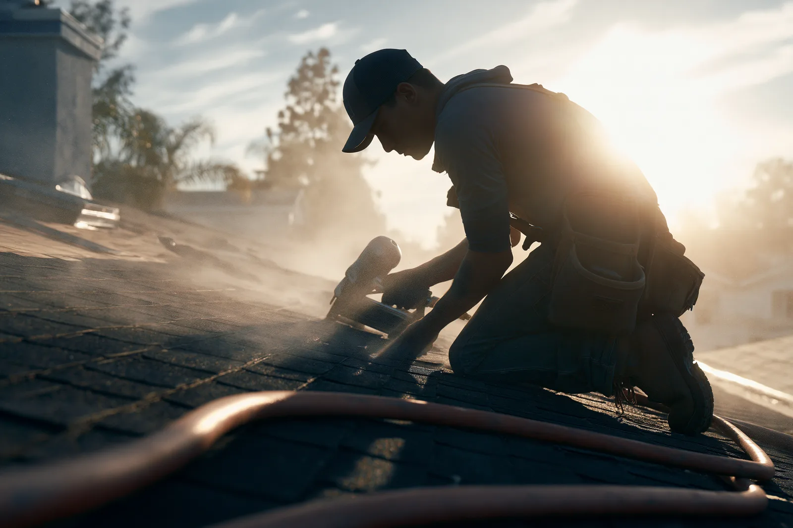 A roofer kneels on a roof using a nail gun amid dust and sunlight