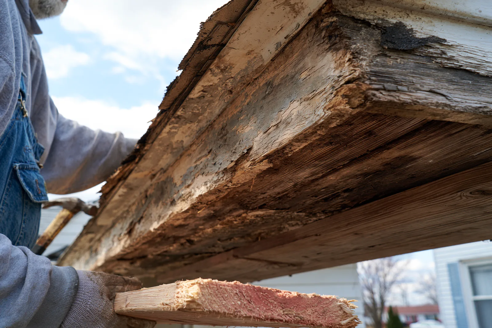 A worker's gloved hand holds a hammer beside a rotted wood fascia board